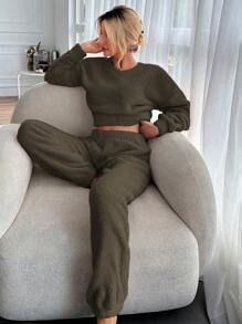 SHEIN Cottnline Drop Shoulder Teddy Sweatshirt & Sweatpants - Khaki - View 5