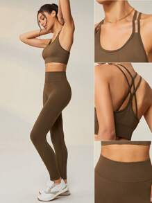 Lifespree Seamless High Stretch Criss Cross Back Sports Set - Brown - View 5