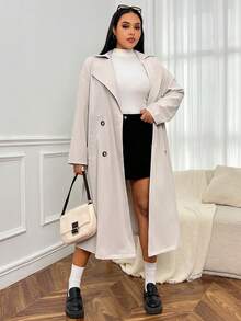 SHEIN EZwear Plus Lapel Neck Double Breasted Drop Shoulder Belted Trench Coat - Apricot - View 4