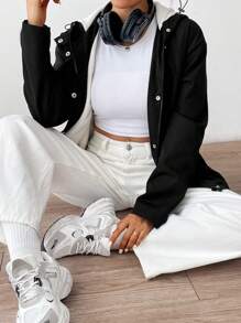 SHEIN EZwear Màu thuần Dây rút áo có mũ Áo khoác - màu đen - Xem 2