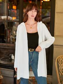 SHEIN Frenchy Mẫu chữ Thả vai áo có mũ Áo len Mở - trắng - Xem 3