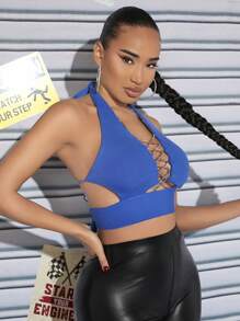 SHEIN SXY 水鑽前繫帶繞頸短上衣 - 藍色 - 查看 4