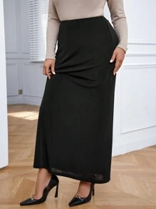 SHEIN Privé Talla grande Falda de talle alto unicolor - Negro - Ver 5