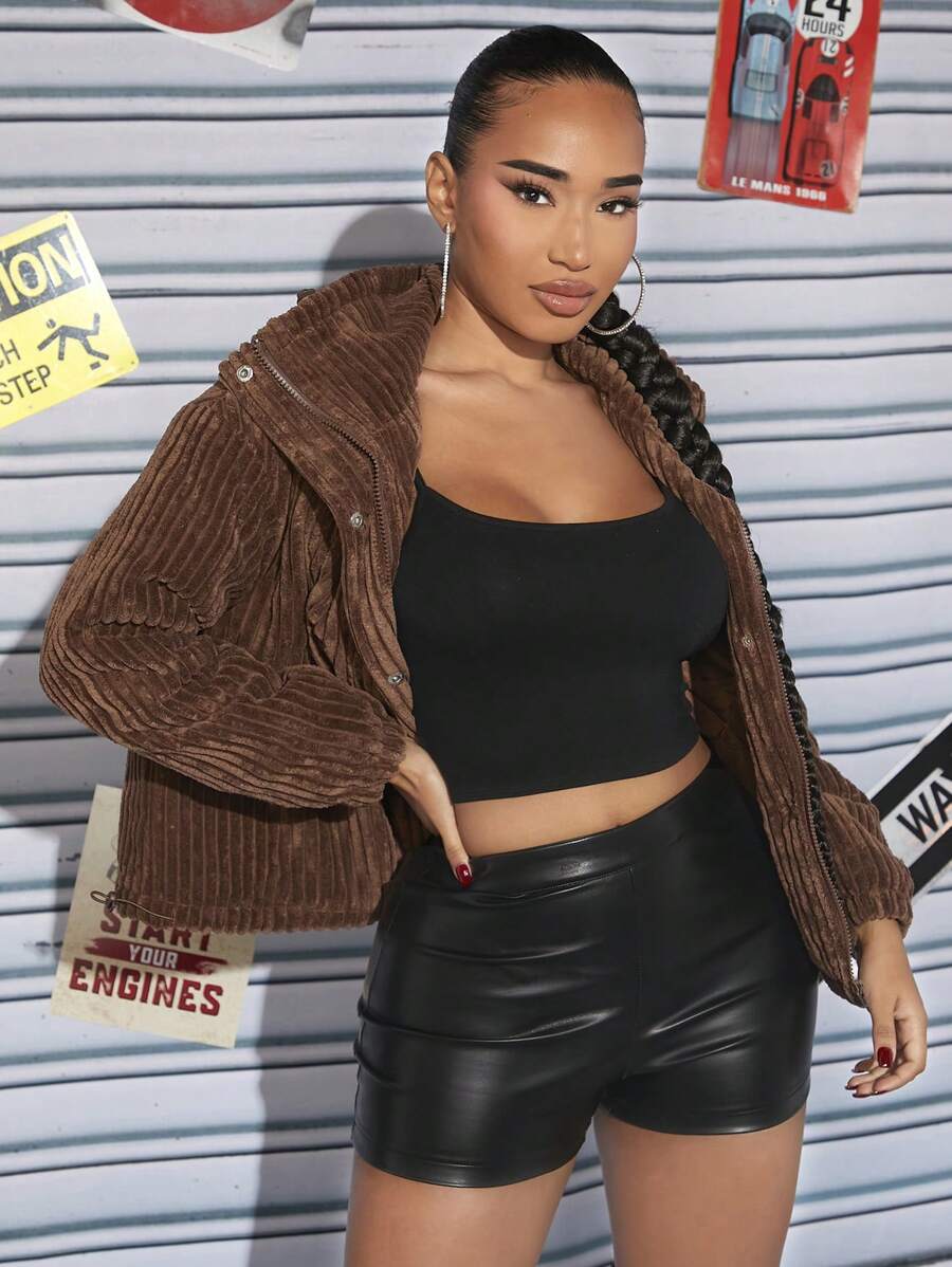 SHEIN SXY Áo khoác nhung có đệm kéo khóa - màu nâu - Xem 1