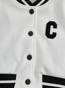 SHEIN Young Girl Letter Printed Contrast Color Baseball Collar Jacket And Skirt Set - Black and White - View 3