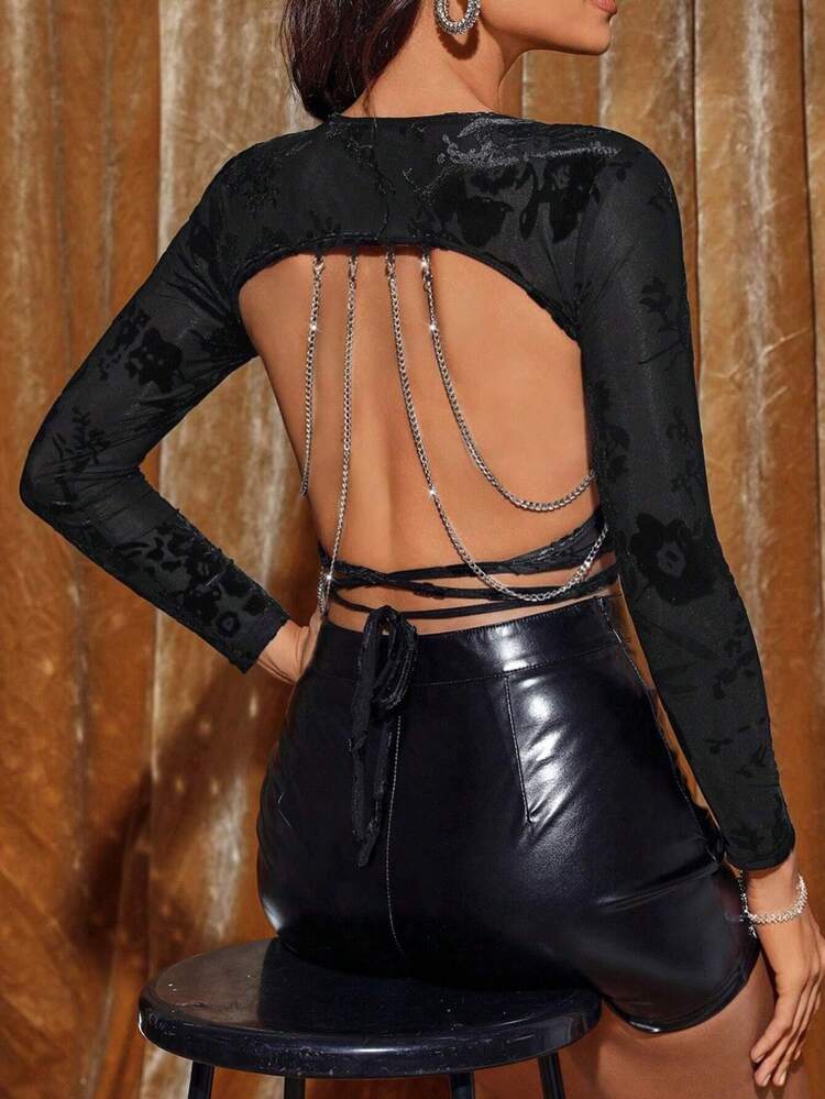 Chain Detail Tie Backless Crop Tee