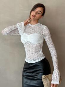 SHEIN Privé 喇叭袖前收褶蕾絲上衣 - 白色 - 查看 3