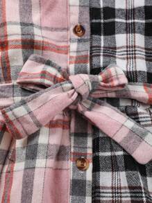 SHEIN 女小童格紋印花腰帶襯衫洋裝