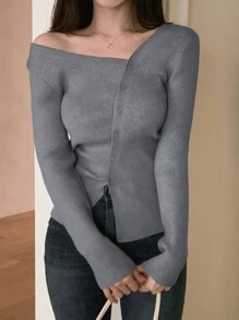 DAZY Cárdigan de punto acanalado con botones, ropa de otoño - Gris Oscuro - Ver 4