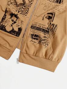 SHEIN EZwear Slogan Graphic Zip Up Hoodie Without Tee - Khaki - View 6