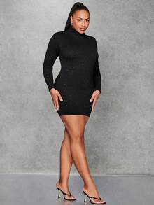 SHEIN BAE Hơn Cổ cao Long lanh Váy bodycon - màu đen - Xem 5