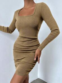 EURMUSE Vestido ajustado de cuello cuadrado fruncido - Café - Ver 1