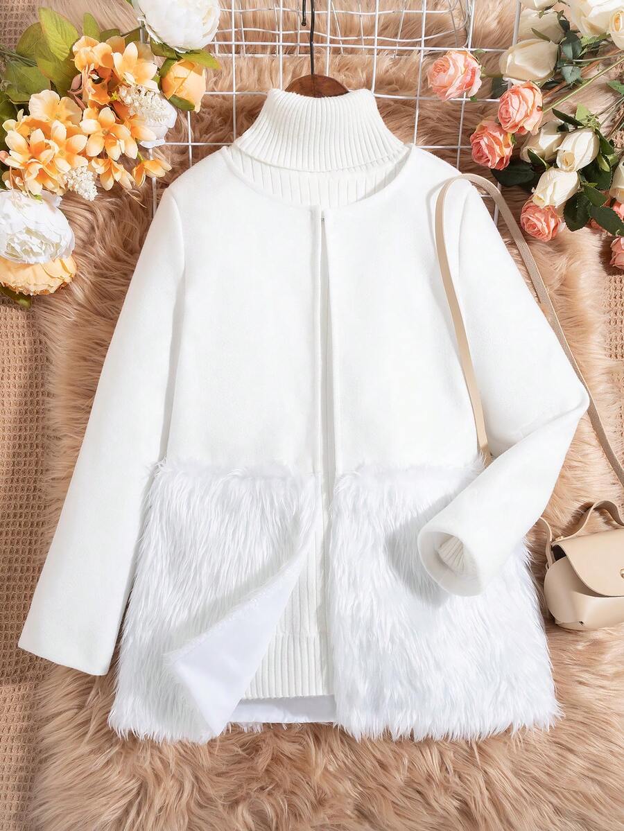 SHEIN 女大童1入組素色開門襟拼接毛茸茸外套 - 白色 - 查看 1