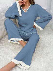 撞色饰边荷叶边袖荷叶边下摆睡衣套装/睡衣套装 - 藍色 - 查看 1