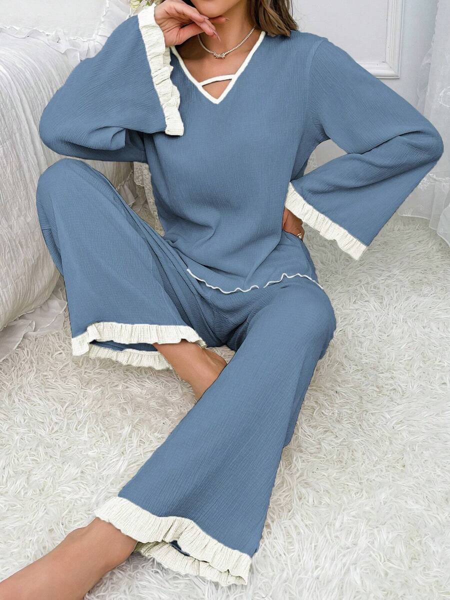 撞色饰边荷叶边袖荷叶边下摆睡衣套装/睡衣套装 - 藍色 - 查看 1