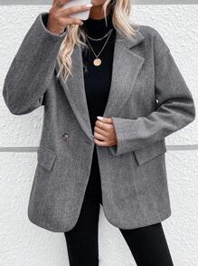 SHEIN LUNE 西裝領落肩袖雙排釦花呢外套 - 深灰色 - 查看 5