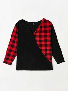 SHEIN LUNE 大碼格子圖案落肩T恤 - 彩色 - 查看 4