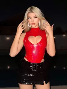 Sweetina 心形镂空高领 PU 皮革红色紧身衣