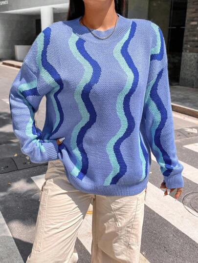 Flirla Plus Wave Striped Pattern Drop Shoulder Sweater Knit Pullover Fall Winter Sweater