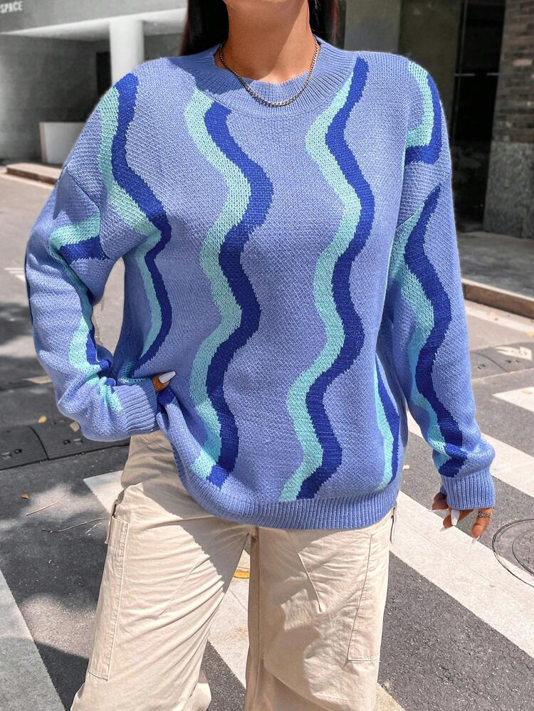 Plus Wave Striped Pattern Drop Shoulder Sweater Knit Pullover Fall Winter Sweater