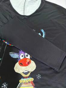 大码女式V领长袖休闲T恤，圣诞驯鹿印花 - 黑色 - 查看 5