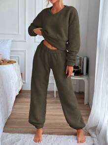 SHEIN Cottnline Drop Shoulder Teddy Sweatshirt & Sweatpants - Khaki - View 4