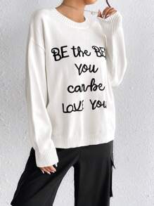 SHEIN EZwear Suéter Casual Con Cuello Redondo Y Estampado De Letras Para Mujer - Blanco - Ver 3