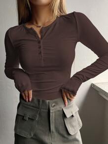 DAZY Nút Nửa Đồ đan Ribbed Áo thun - Cà phê nâu - Xem 1