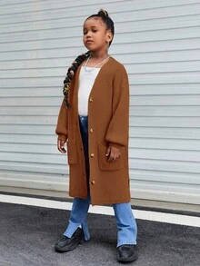 SHEIN 女大童落肩袖口袋貼布前紐扣開襟衫 - 駝色 - 查看 5