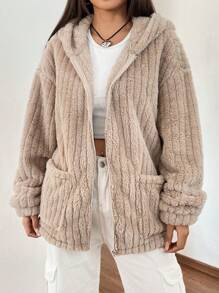 Muchica Túi Kép Thả vai áo có mũ Áo khoác Teddy - Màu Khaki - Xem 1