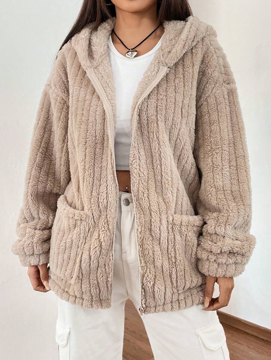 Muchica Túi Kép Thả vai áo có mũ Áo khoác Teddy - Màu Khaki - Xem 1