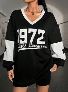 SHEIN EZwear 字母圖案落肩袖衛衣洋裝 - 黑與白 - 查看 1