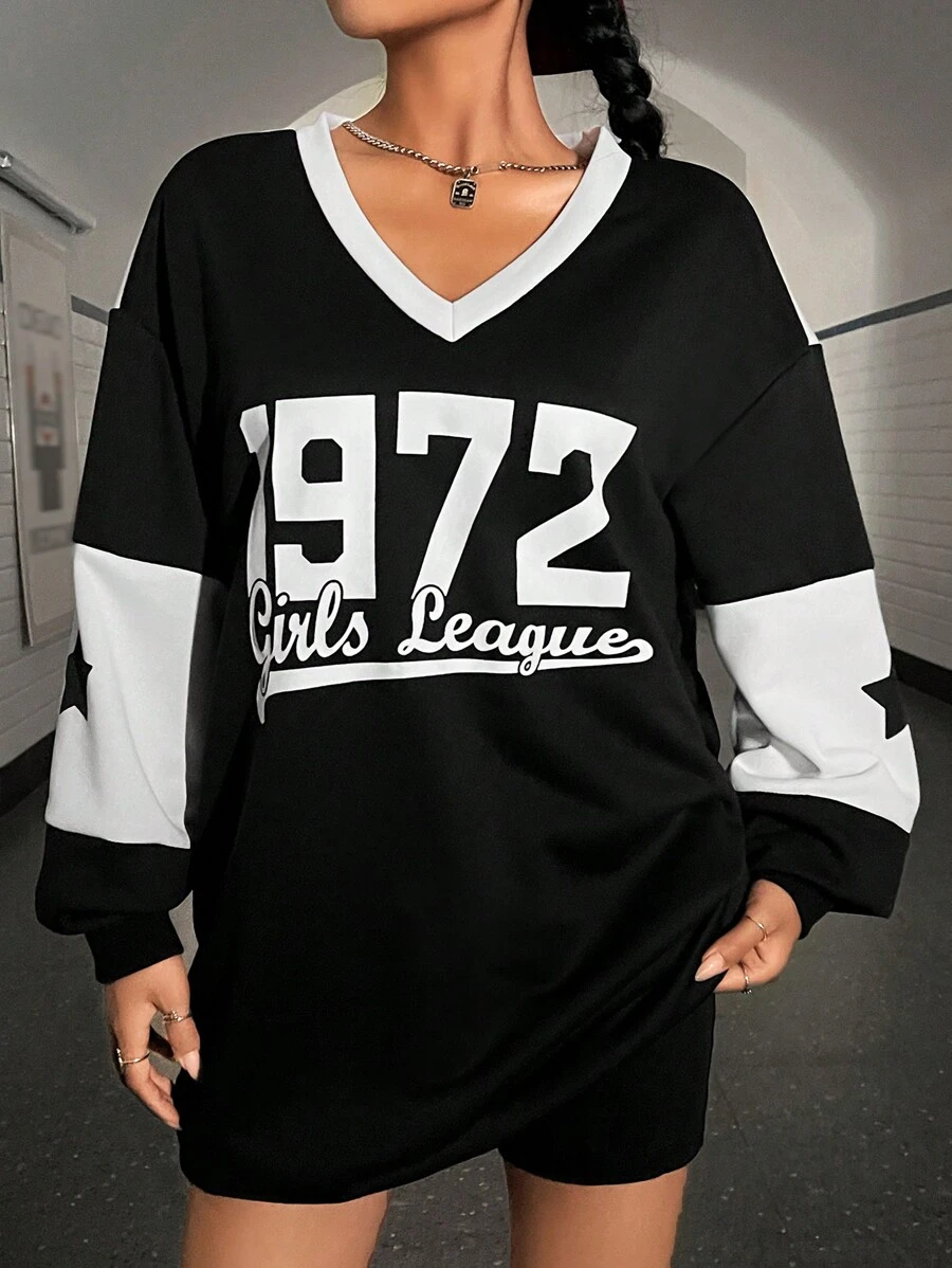 SHEIN EZwear 字母圖案落肩袖衛衣洋裝 - 黑與白 - 查看 1