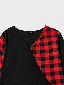 SHEIN LUNE 大碼格子圖案落肩T恤 - 彩色 - 查看 3