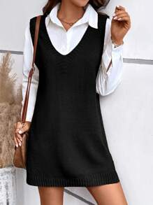 女士纯色 V 领简约日常侧开衩无袖针织毛衣连衣裙