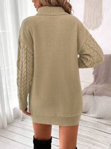 SHEIN LUNE 高領麻花編織落肩袖毛衣洋裝 - 卡其色 - 查看 2