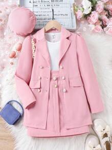 SHEIN Tween Girl Solid Tank Top & Skirt & Accessory Hat & Blazer - Pink - View 8