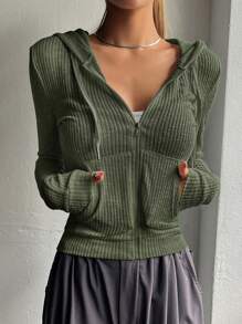 DAZY 拉鏈開襟抽繩連帽衫 - 橄欖綠 - 查看 4