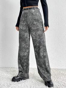 SHEIN EZwear Pantalones deportivos de tie dye con bolsillo oblicuo de pierna ancha con cinturón