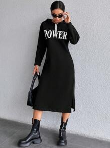 EURMUSE Letter Print Hoodie Loose Dress - Black - View 1