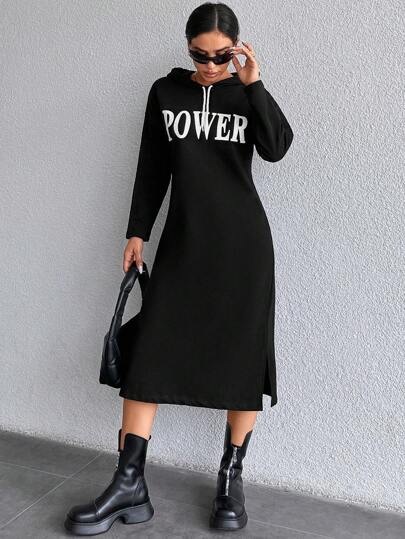 EURMUSE Letter Print Hoodie Loose Dress