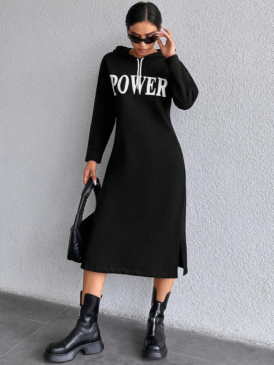 EURMUSE Letter Print Hoodie Loose Dress - Black - View 1