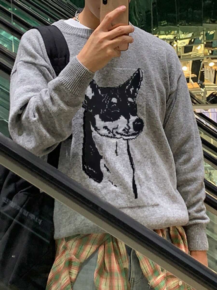 DAZY 男士動物圖案落肩袖套頭毛衣 - 灰色 - 查看 1