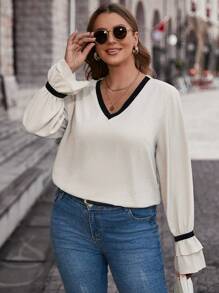 SHEIN Clasi Plus Contrast Trim Flounce Sleeve Blouse - Apricot - View 1