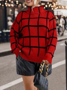 SHEIN LUNE Plus Plaid Pattern Turtleneck Drop Shoulder Sweater - Red - View 5