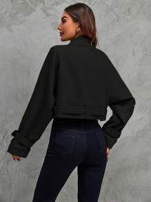SHEIN Clasi 西裝領扣飾袖口短款風衣外套 - 黑色 - 查看 2