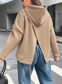 Flirla Áo nỉ dáng rộng xẻ lưng, vai rớt - Màu Khaki - Xem 1