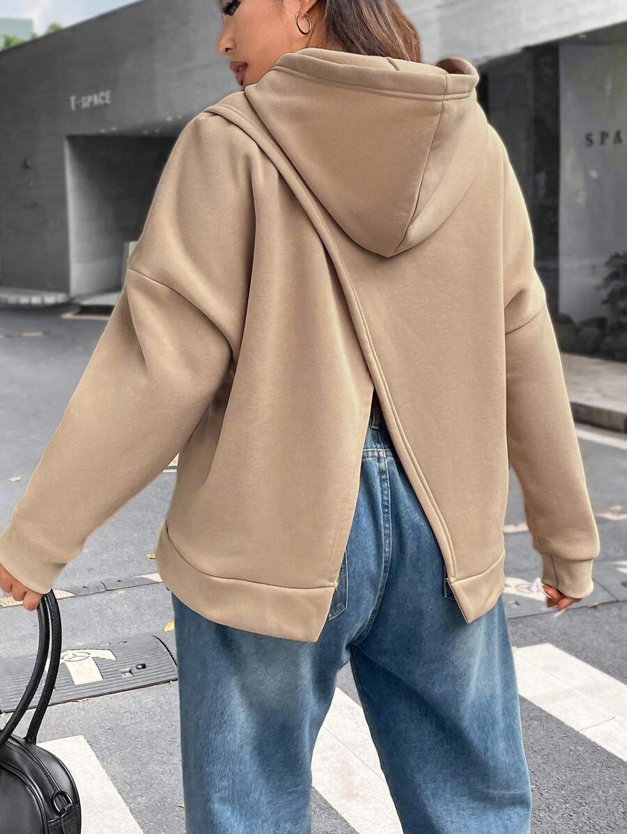 Flirla Áo nỉ dáng rộng xẻ lưng, vai rớt - Màu Khaki - Xem 1