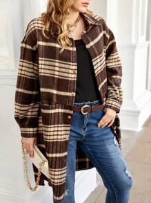 Flirla Plus Plaid Print Drop Shoulder Overcoat - Multicolor - View 4