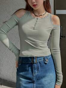 Dazy Designer Cold Shoulder Lace Trim Tee Long Sleeve Women Tops